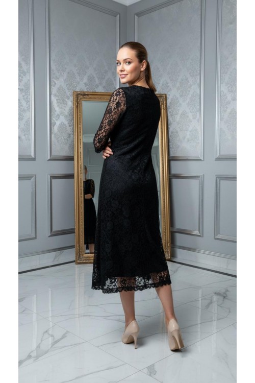 Nidya Moda Büyük Beden Kadın Siyah Sıfır Yaka Kloş Dantel Abiye Elbise-4036S