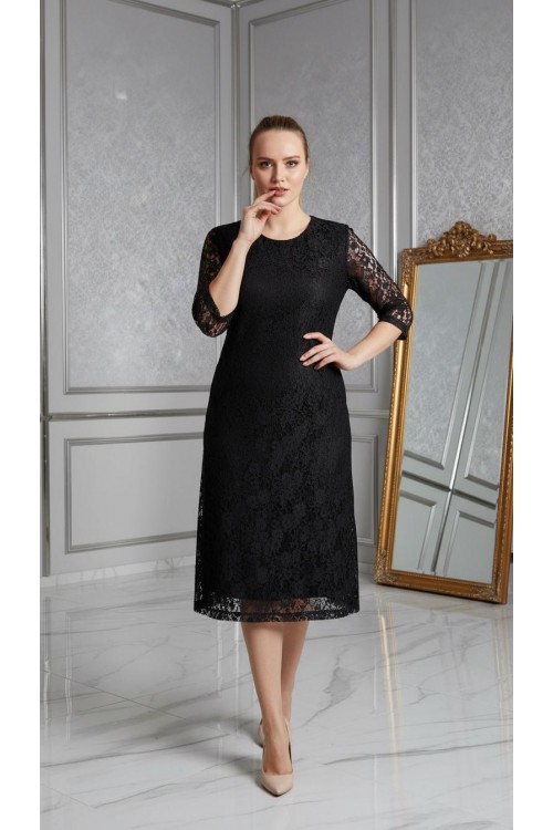 Nidya Moda Büyük Beden Kadın Siyah Sıfır Yaka Kloş Dantel Abiye Elbise-4036S
