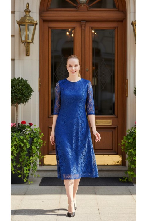 Nidya Moda Büyük Beden Kadın Saks Sıfır Yaka Kloş Dantel Abiye  Elbise-4036SX