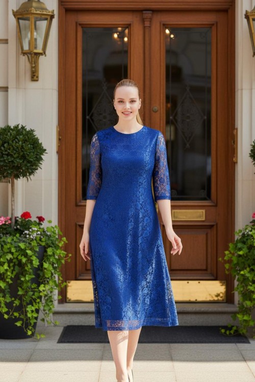 Nidya Moda Büyük Beden Kadın Saks Sıfır Yaka Kloş Dantel Abiye  Elbise-4036SX