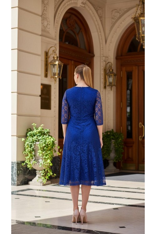 Nidya Moda Büyük Beden Kadın Saks Sıfır Yaka Kloş Dantel Abiye  Elbise-4036SX