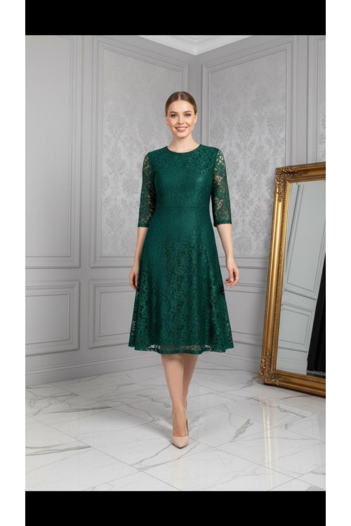 Nidya Moda Büyük Beden  Kadın Yeşil Sıfır Yaka Kloş Dantel  Abiye Elbise-4036Y