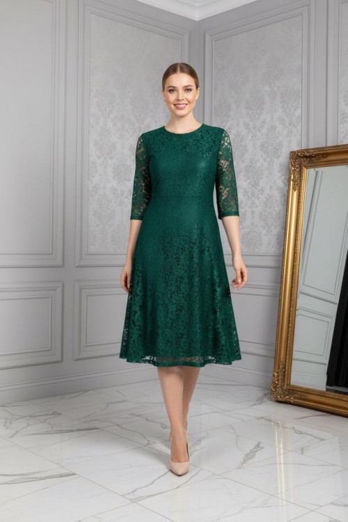 Nidya Moda Büyük Beden  Kadın Yeşil Sıfır Yaka Kloş Dantel  Abiye Elbise-4036Y