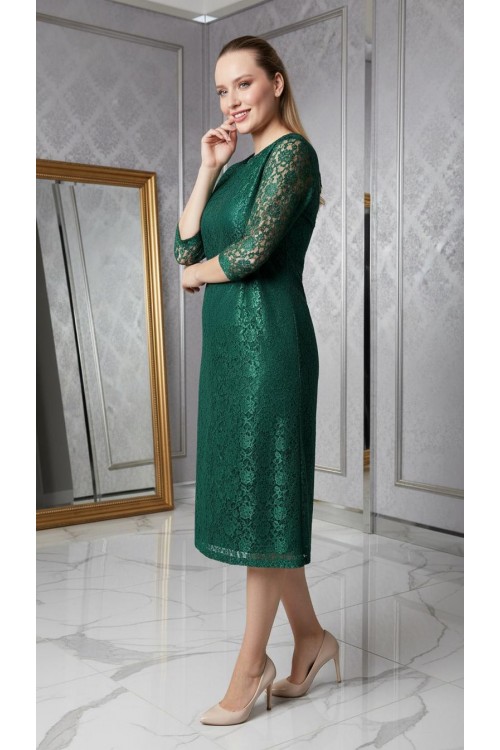 Nidya Moda Büyük Beden  Kadın Yeşil Sıfır Yaka Kloş Dantel  Abiye Elbise-4036Y