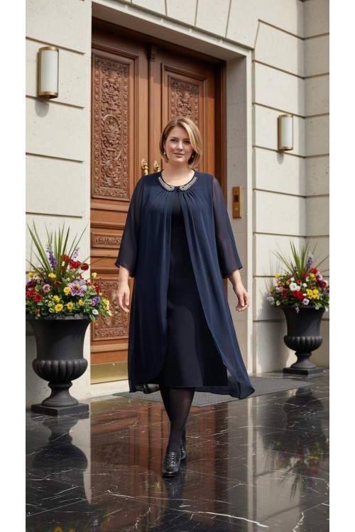 Nidya Moda Büyük Beden Kadın Lacivert Taşlı Yaka Üst Şifonlu Sandy Abiye Elbise-4037L