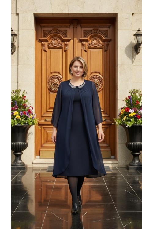 Nidya Moda Büyük Beden Kadın Lacivert Taşlı Yaka Üst Şifonlu Sandy Abiye Elbise-4037L