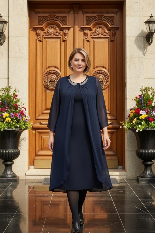 Nidya Moda Büyük Beden Kadın Lacivert Taşlı Yaka Üst Şifonlu Sandy Abiye Elbise-4037L