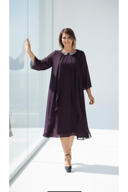 Nidya Moda Büyük Beden Kadın Mürdüm  Taşlı Yaka Üstü Şifon Sandy Abiye Elbise-4037M