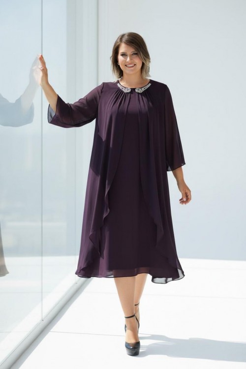 Nidya Moda Büyük Beden Kadın Mürdüm  Taşlı Yaka Üstü Şifon Sandy Abiye Elbise-4037M