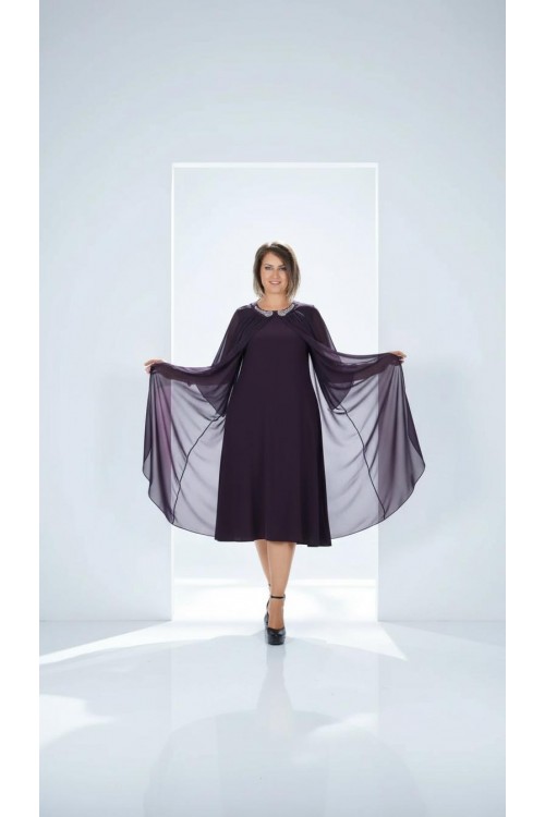 Nidya Moda Büyük Beden Kadın Mürdüm  Taşlı Yaka Üstü Şifon Sandy Abiye Elbise-4037M