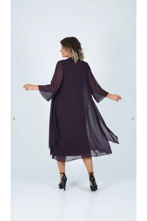 Nidya Moda Büyük Beden Kadın Mürdüm  Taşlı Yaka Üstü Şifon Sandy Abiye Elbise-4037M