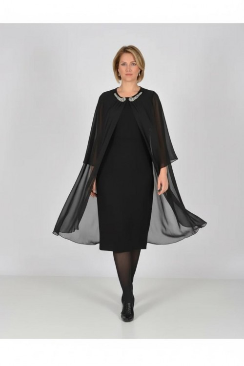 Nidya Moda Büyük Beden Kadın Siyah  Yaka Taşlı Üst Şifon Sandy Abiye Elbise-4037S