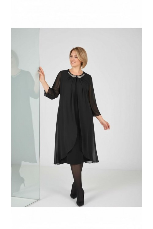 Nidya Moda Büyük Beden Kadın Siyah  Yaka Taşlı Üst Şifon Sandy Abiye Elbise-4037S