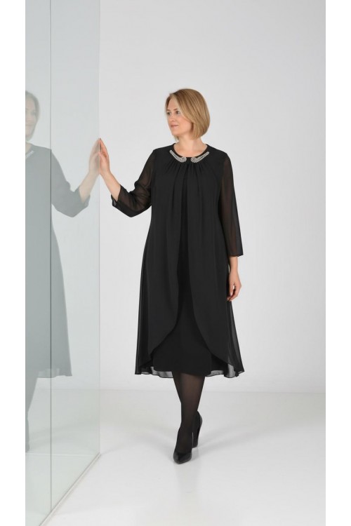 Nidya Moda Büyük Beden Kadın Siyah  Yaka Taşlı Üst Şifon Sandy Abiye Elbise-4037S