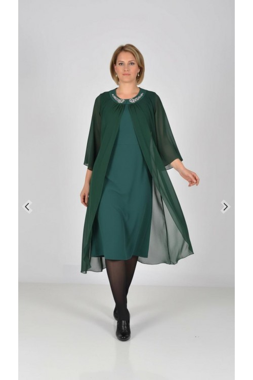 Nidya Moda Büyük Beden Kadın Yeşil  Yaka Taşlı Üstü Şifon Sandy Abiye Elbise-4037Y