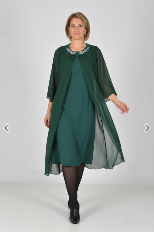 Nidya Moda Büyük Beden Kadın Yeşil  Yaka Taşlı Üstü Şifon Sandy Abiye Elbise-4037Y