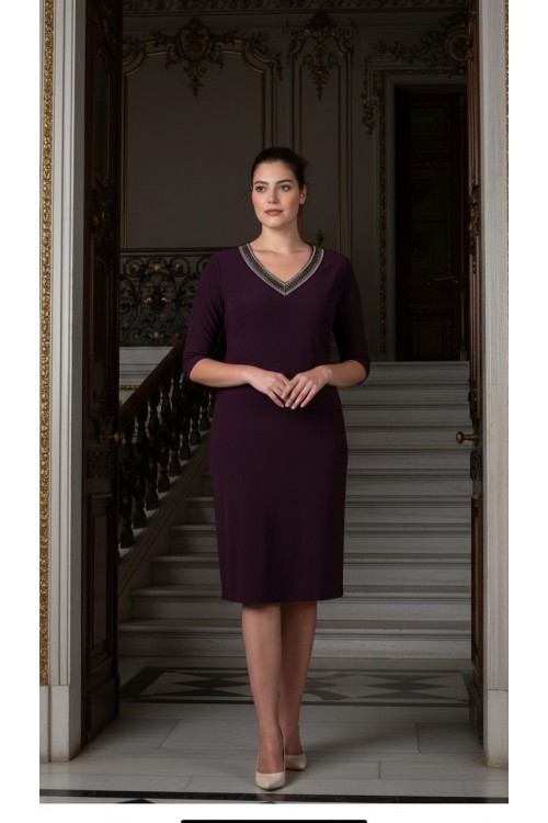 Nidya Moda Büyük Beden  Kadın Mürdüm V Yaka Taşlı Sandy Abiye Elbise-4039M