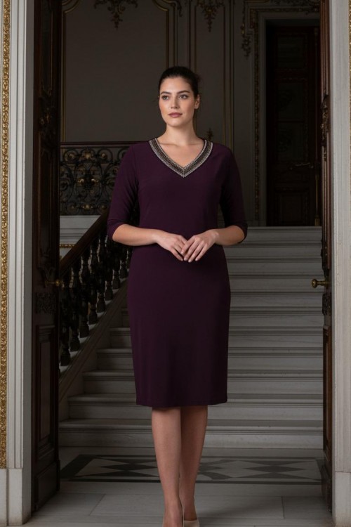 Nidya Moda Büyük Beden  Kadın Mürdüm V Yaka Taşlı Sandy Abiye Elbise-4039M