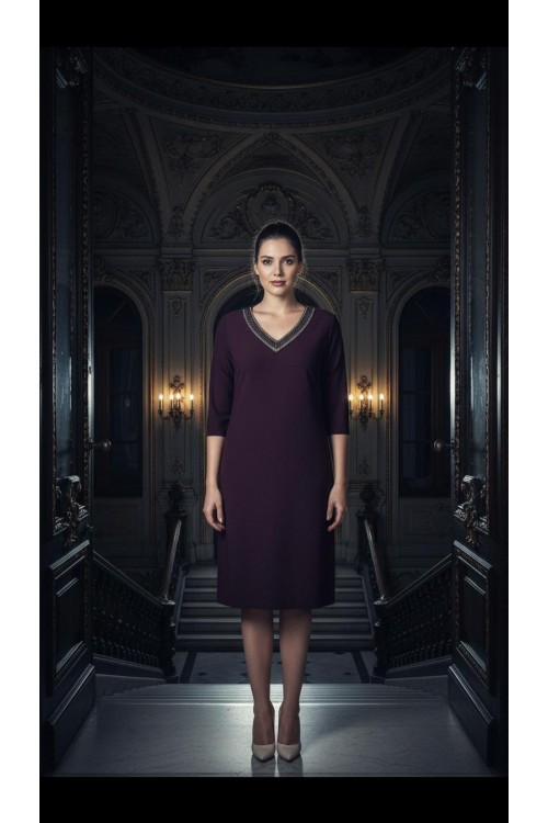 Nidya Moda Büyük Beden  Kadın Mürdüm V Yaka Taşlı Sandy Abiye Elbise-4039M