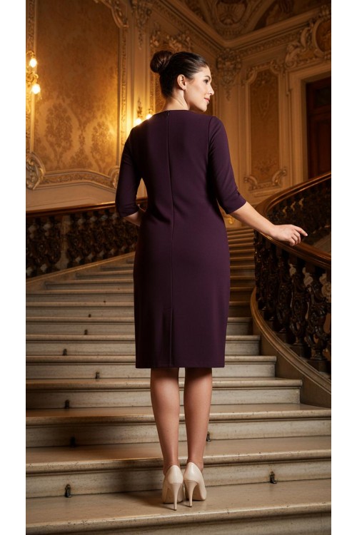 Nidya Moda Büyük Beden  Kadın Mürdüm V Yaka Taşlı Sandy Abiye Elbise-4039M