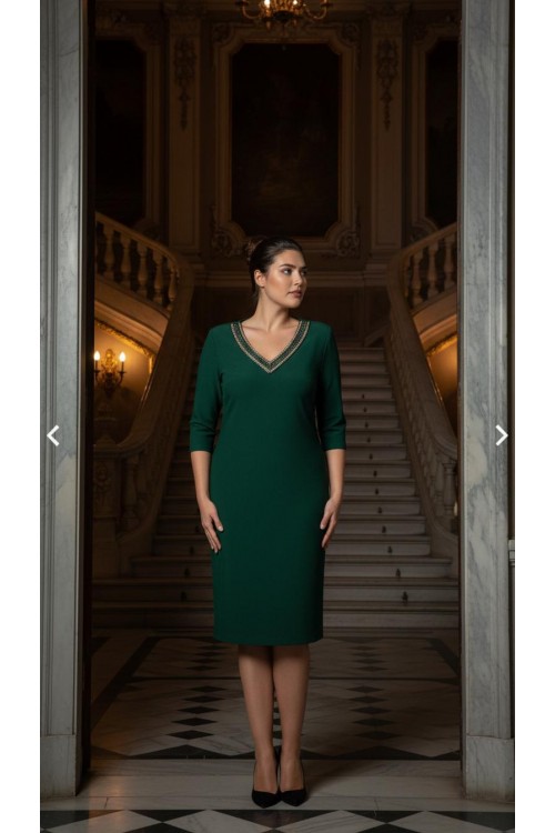 Nidya Moda Büyük Beden Kadın Yeşil V Taşlı Yaka Sandy Abiye Elbise 4039Y