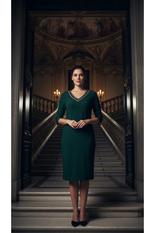 Nidya Moda Büyük Beden Kadın Yeşil V Taşlı Yaka Sandy Abiye Elbise 4039Y