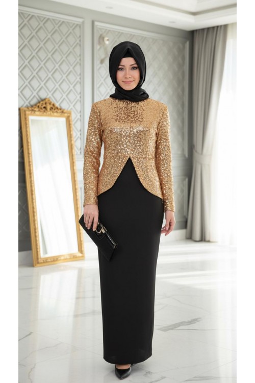 Nidya Moda Büyük Beden Tesettür Kadın Dore Pullu Payet Peplumlu Abiye  Tunik Ceket-5010TD