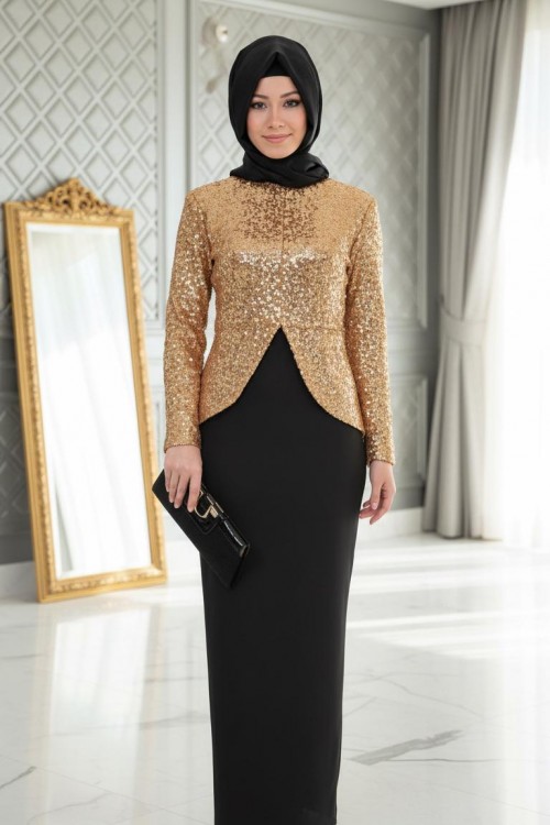 Nidya Moda Büyük Beden Tesettür Kadın Dore Pullu Payet Peplumlu Abiye  Tunik Ceket-5010TD