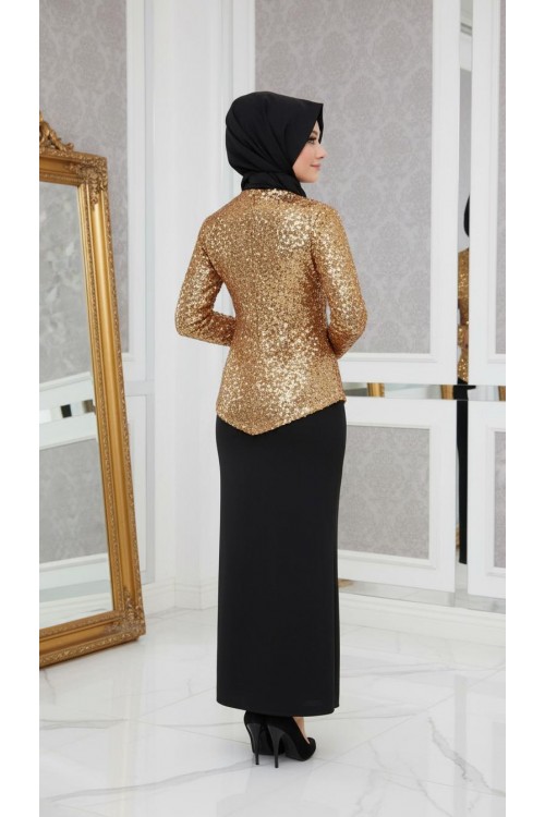 Nidya Moda Büyük Beden Tesettür Kadın Dore Pullu Payet Peplumlu Abiye  Tunik Ceket-5010TD