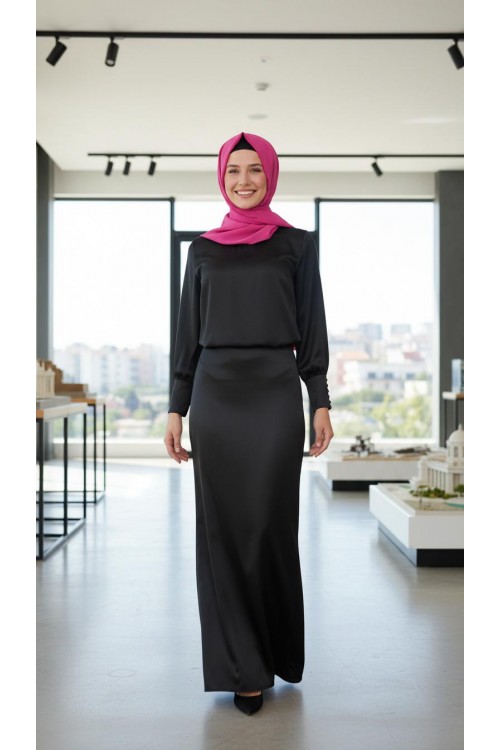 Nidya Moda Büyük Beden  Tesettür Kadın Siyah Balık Saten Abiye Etek-3003TS