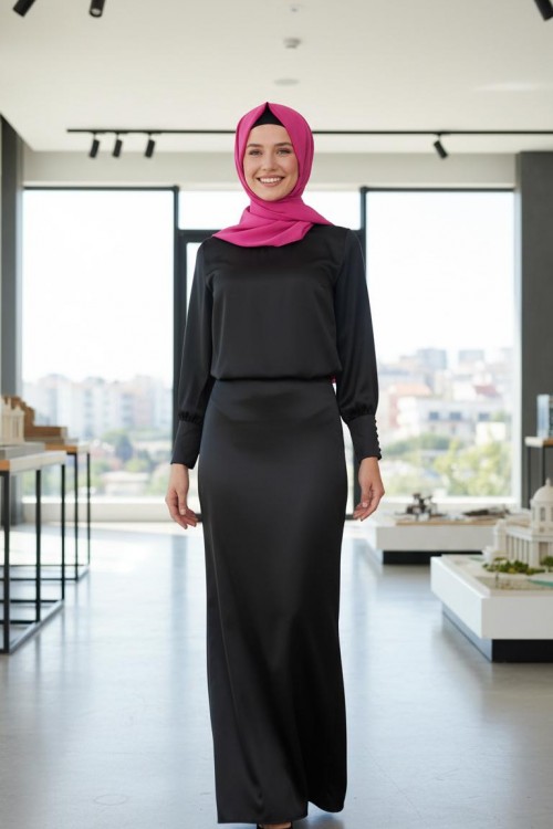 Nidya Moda Büyük Beden  Tesettür Kadın Siyah Balık Saten Abiye Etek-3003TS