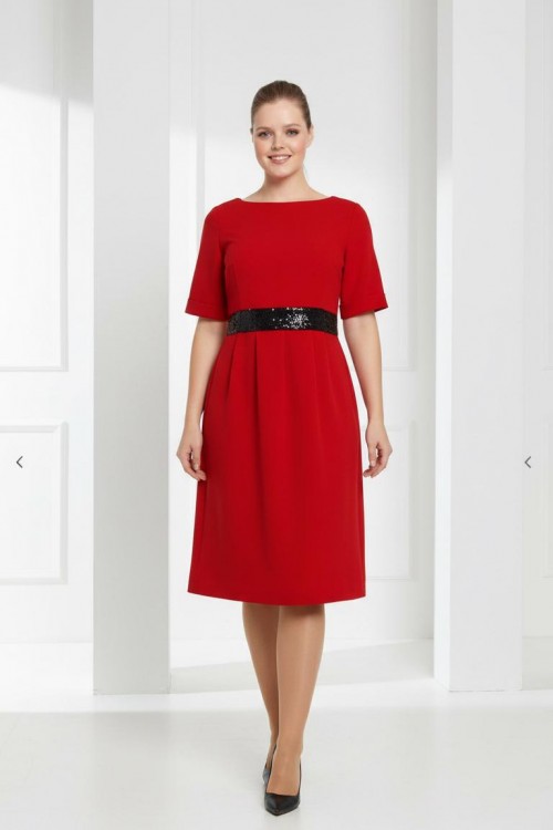 Nidya Moda Büyük Beden Kadın Kırmızı Pullu Payet Siyah Kemer Sırt V Krep Abiye Elbise-4020PK