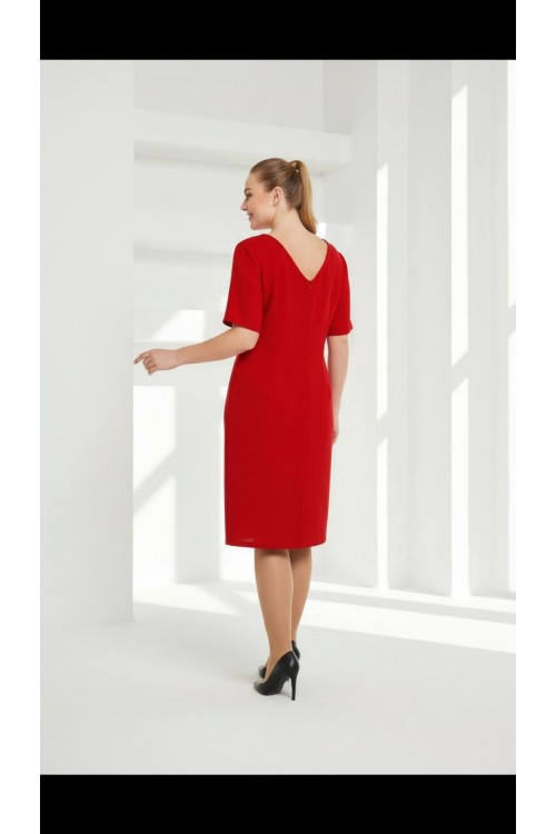 Nidya Moda Büyük Beden Kadın Kırmızı Pullu Payet Siyah Kemer Sırt V Krep Abiye Elbise-4020PK