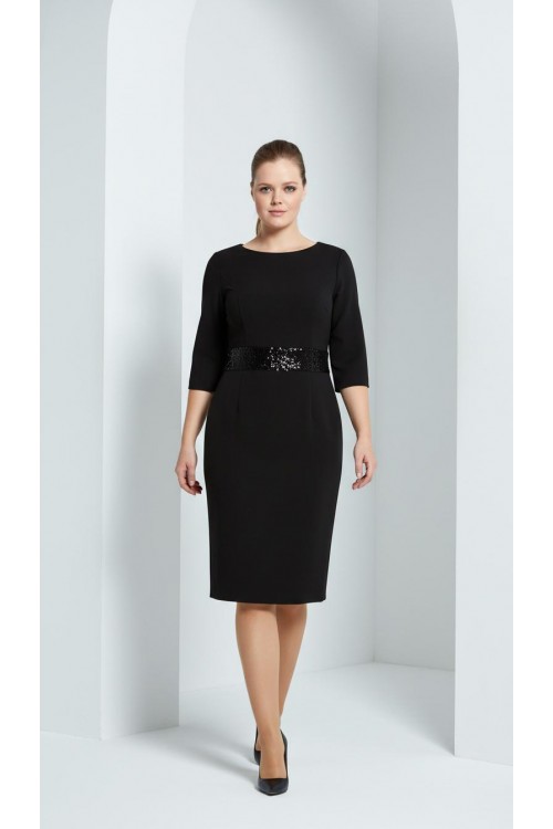 Nidya Moda Büyük Beden Kadın Siyah Pullu Payet Kemer Sırt V Krep Abiye Elbise-4020PS