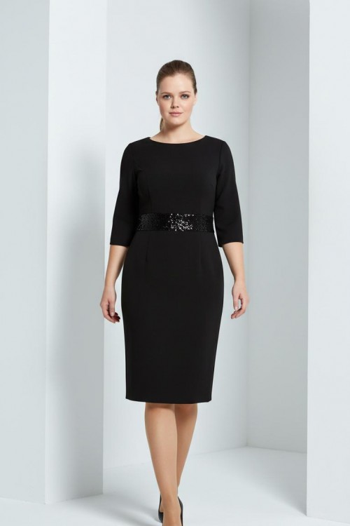 Nidya Moda Büyük Beden Kadın Siyah Pullu Payet Kemer Sırt V Krep Abiye Elbise-4020PS