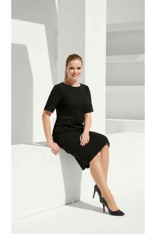 Nidya Moda Büyük Beden Kadın Siyah Pullu Payet Kemer Sırt V Krep Abiye Elbise-4020PS