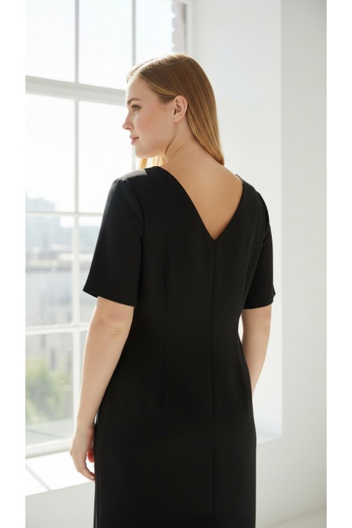 Nidya Moda Büyük Beden Kadın Siyah Pullu Payet Kemer Sırt V Krep Abiye Elbise-4020PS