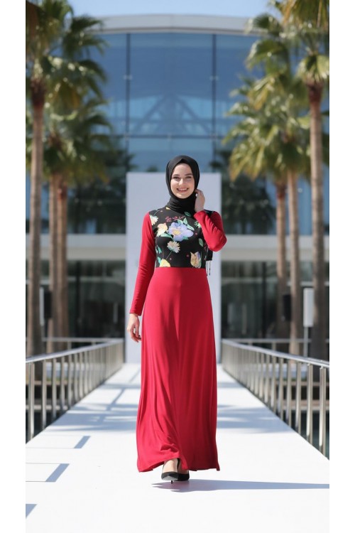 Nidya Moda Tesettür Kadın Kırmızı Üst Vual Çiçekli Sandy Abiye Elbise-4046TK