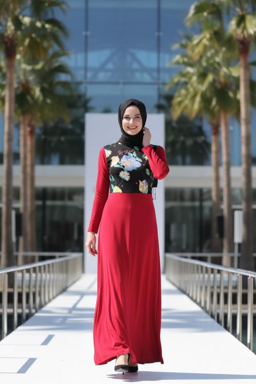 Nidya Moda Tesettür Kadın Kırmızı Üst Vual Çiçekli Sandy Abiye Elbise-4046TK