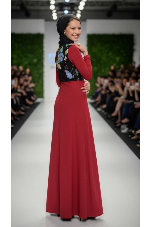Nidya Moda Tesettür Kadın Kırmızı Üst Vual Çiçekli Sandy Abiye Elbise-4046TK