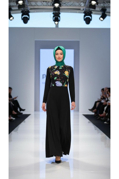 Nidya Moda Tesettür Kadın Siyah Üst Çiçekli Sandy Abiye Elbise-4046TS
