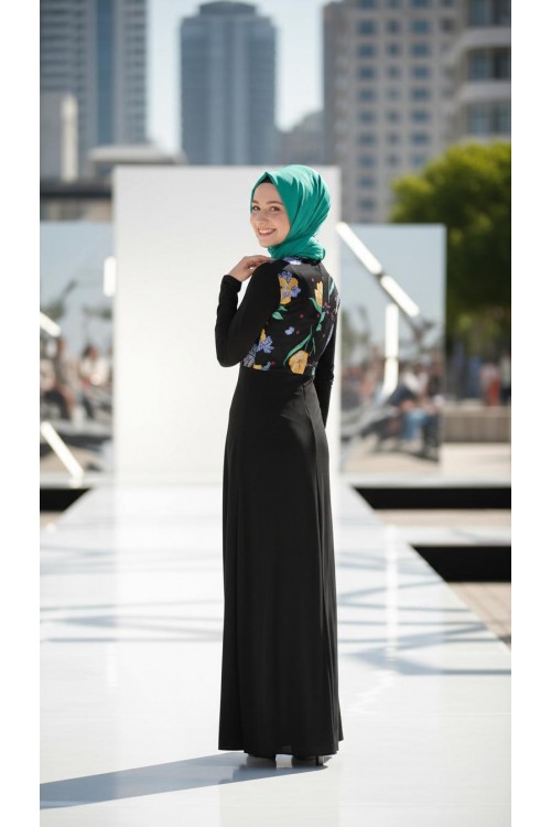 Nidya Moda Tesettür Kadın Siyah Üst Çiçekli Sandy Abiye Elbise-4046TS Nidya Moda Tesettür Kadın Siyah Üst Çiçekli Sandy Abiye Elbise-4046TS