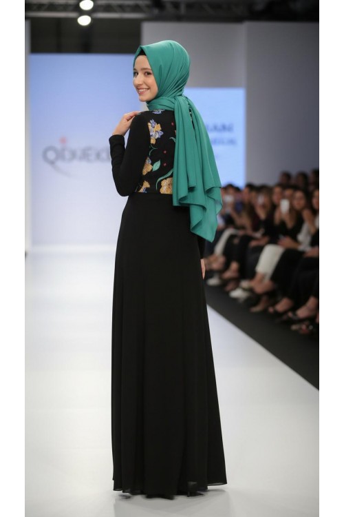 Nidya Moda Tesettür Kadın Siyah Üst Çiçekli Sandy Abiye Elbise-4046TS