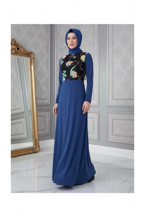 Nidya Moda Tesettür Kadın Saks Üst Çiçekli Sandy Abiye  Elbise-4046TSX