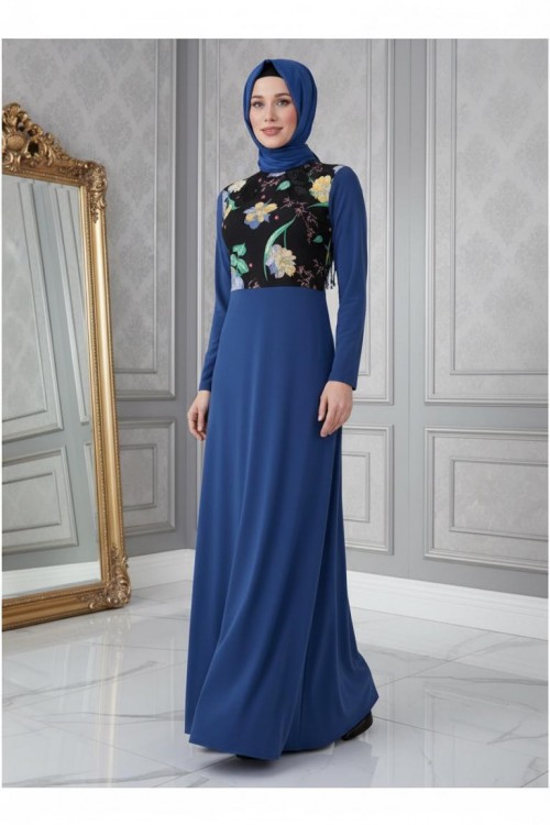 Nidya Moda Tesettür Kadın Saks Üst Çiçekli Sandy Abiye  Elbise-4046TSX