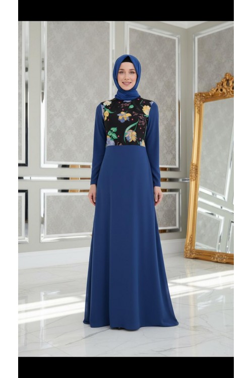 Nidya Moda Tesettür Kadın Saks Üst Çiçekli Sandy Abiye  Elbise-4046TSX