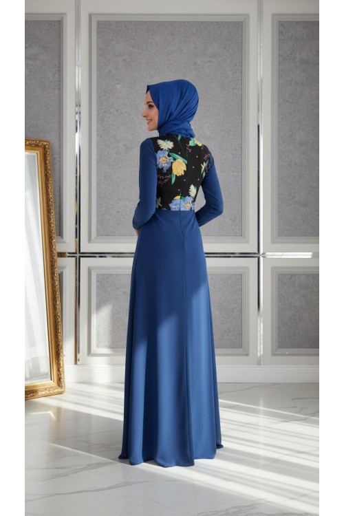 Nidya Moda Tesettür Kadın Saks Üst Çiçekli Sandy Abiye  Elbise-4046TSX