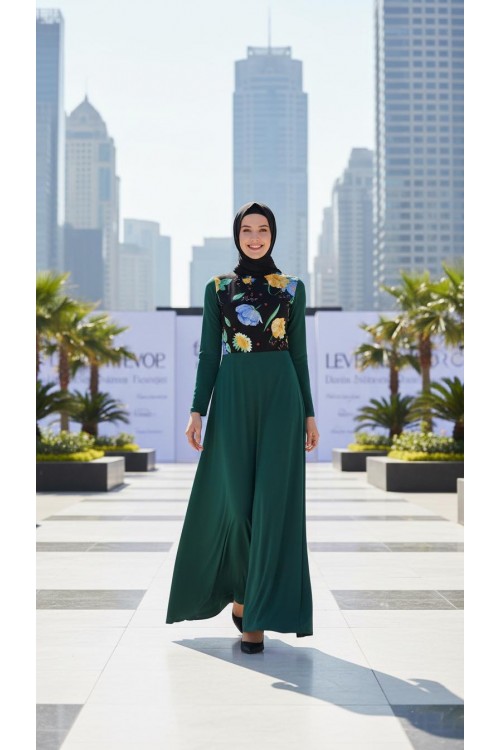 Nidya Moda Tesettür Kadın Yeşil Üst Çiçekli Sandy Abiye Elbise-4046TY