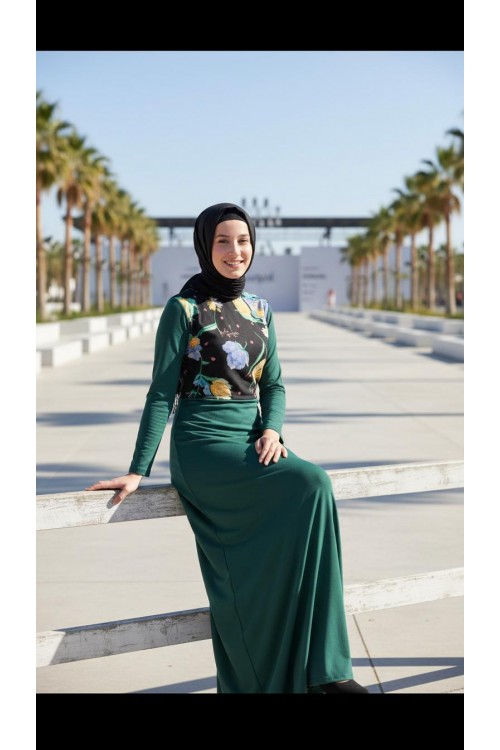 Nidya Moda Tesettür Kadın Yeşil Üst Çiçekli Sandy Abiye Elbise-4046TY