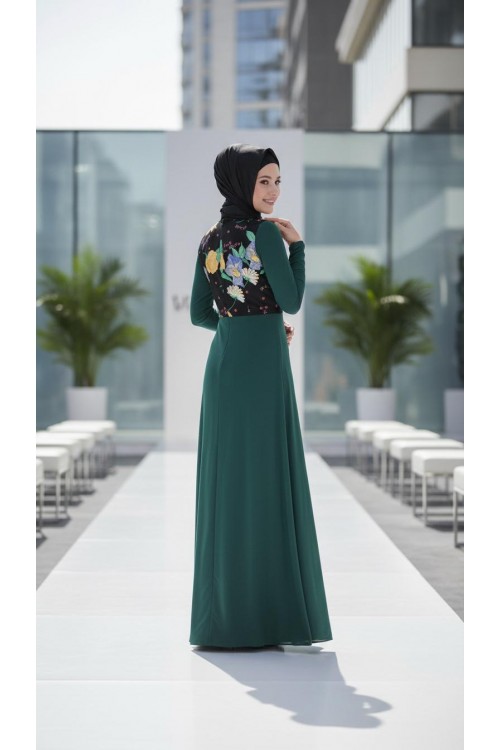 Nidya Moda Tesettür Kadın Yeşil Üst Çiçekli Sandy Abiye Elbise-4046TY